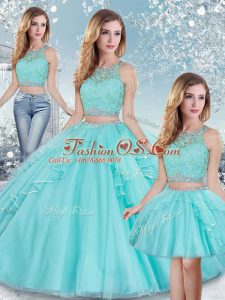 Floor Length Clasp Handle Quinceanera Dress Aqua Blue for Military Ball and Sweet 16 and Quinceanera with Beading and Lace and Sequins