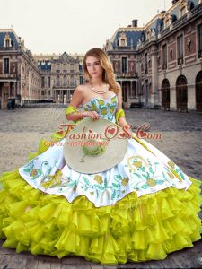 Yellow Green Sleeveless Organza and Taffeta Lace Up Sweet 16 Dress for Military Ball and Sweet 16 and Quinceanera