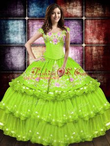 Floor Length Yellow Green Sweet 16 Dresses Off The Shoulder Sleeveless Lace Up