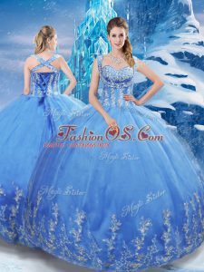 Floor Length Baby Blue Quinceanera Dresses Tulle Sleeveless Beading and Appliques