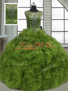 Graceful Floor Length Olive Green Sweet 16 Quinceanera Dress Organza Sleeveless Beading and Ruffles