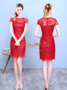 Knee Length Red Bridesmaid Gown Lace Short Sleeves Lace