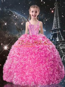 Beading and Ruffles Pageant Dress for Teens Rose Pink Lace Up Sleeveless Floor Length