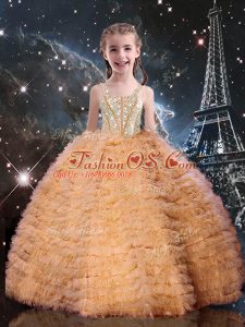 Glittering Orange Red Lace Up Kids Formal Wear Beading and Ruffled Layers Sleeveless Floor Length