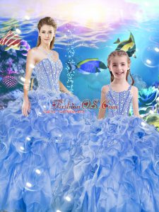 Fantastic Baby Blue Organza Lace Up Quinceanera Dress Sleeveless Floor Length Beading and Ruffles