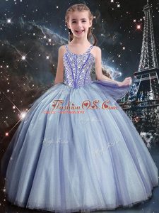 Fantastic Light Blue Tulle Lace Up Straps Sleeveless Floor Length Little Girl Pageant Dress Beading