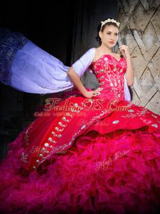 Sweetheart Sleeveless Organza Sweet 16 Dress Embroidery and Ruffles Brush Train Lace Up