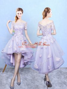 Cute Off The Shoulder Short Sleeves Tulle Bridesmaid Dresses Lace Lace Up