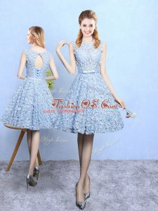Deluxe Light Blue Scoop Neckline Belt Vestidos de Damas Sleeveless Lace Up