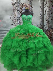 Edgy Organza Sweetheart Sleeveless Lace Up Beading and Ruffles 15th Birthday Dress in Green