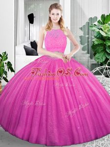 Low Price Sleeveless Organza Floor Length Zipper Ball Gown Prom Dress in Fuchsia with Lace and Ruching