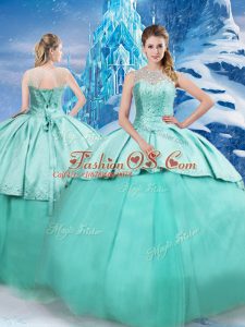 Brush Train Ball Gowns Sweet 16 Quinceanera Dress Turquoise Scoop Tulle Sleeveless Lace Up