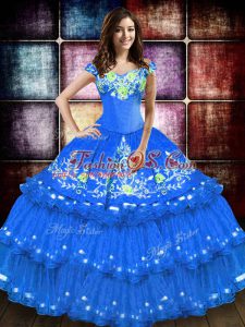 Floor Length Blue Sweet 16 Dress Off The Shoulder Sleeveless Lace Up