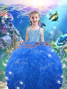 Baby Blue Organza Lace Up Pageant Dress Sleeveless Floor Length Beading and Ruffles