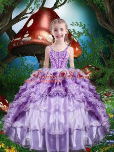 Beautiful Straps Sleeveless Organza Little Girls Pageant Dress Wholesale Beading and Ruffles and Ruffled Layers Lace Up