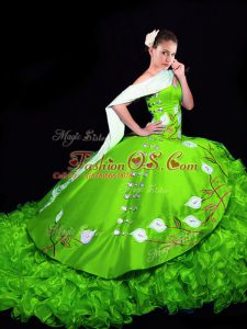 Pretty Organza Sleeveless Quinceanera Gown Brush Train and Embroidery and Ruffles