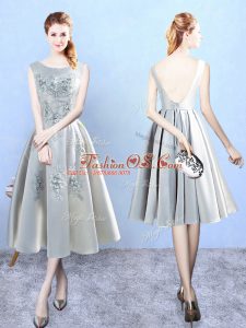 Enchanting A-line Quinceanera Dama Dress Silver Scoop Satin Sleeveless Tea Length Backless