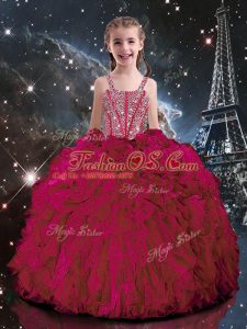 Hot Pink Ball Gowns Beading and Ruffles Little Girls Pageant Dress Lace Up Organza Sleeveless Floor Length