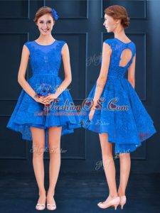 Blue Bridesmaid Dress Prom and Party and Wedding Party with Lace and Belt Scoop Sleeveless Clasp Handle
