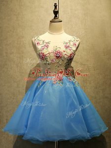 Baby Blue Scoop Neckline Embroidery Prom Gown Sleeveless Lace Up