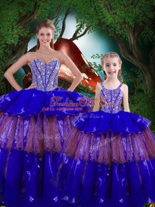 Edgy Royal Blue Ball Gowns Beading and Ruffled Layers Quinceanera Gowns Lace Up Organza Sleeveless Floor Length