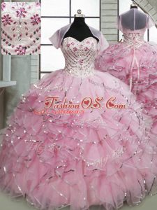 Exceptional Lace Up Sweet 16 Dress Baby Pink for Military Ball and Sweet 16 and Quinceanera with Beading and Ruffles Brush Train