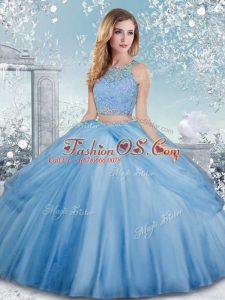 Sweet Baby Blue Ball Gowns Scoop Sleeveless Tulle Floor Length Clasp Handle Beading Quince Ball Gowns
