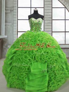 Sleeveless Floor Length Beading and Ruffles Lace Up 15th Birthday Dress with Green