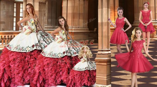 Unique Taffeta Sweetheart Sleeveless Brush Train Lace Up Embroidery and Ruffles Quinceanera Dresses in White And Red