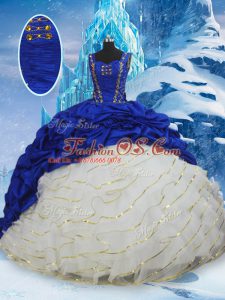 Blue And White Sleeveless Taffeta Brush Train Lace Up Quinceanera Dress for Military Ball and Sweet 16 and Quinceanera
