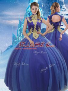 Dazzling Royal Blue Ball Gowns Tulle High-neck Sleeveless Appliques Floor Length Lace Up 15th Birthday Dress