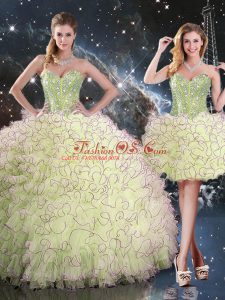 Yellow Green Sleeveless Beading and Ruffles Floor Length Quince Ball Gowns