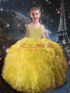 Glorious Light Yellow Organza Lace Up Straps Sleeveless Floor Length Pageant Dress for Girls Beading and Ruffles