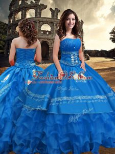 Dramatic Blue Sleeveless Embroidery and Ruffled Layers Floor Length Quince Ball Gowns