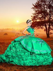 Dynamic Sleeveless Brush Train Embroidery and Ruffles Lace Up Quince Ball Gowns