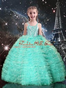 Trendy Turquoise Tulle Lace Up Straps Sleeveless Floor Length Pageant Dress Womens Beading and Ruffled Layers