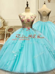 Amazing Aqua Blue Lace Up Quinceanera Dress Appliques Sleeveless Floor Length