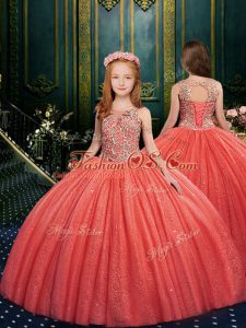 Sleeveless Floor Length Appliques Lace Up Little Girls Pageant Dress Wholesale with Watermelon Red