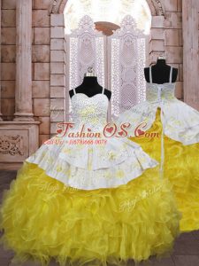 Fashion Gold Lace Up Spaghetti Straps Embroidery and Ruffles Kids Formal Wear Organza Sleeveless Brush Train
