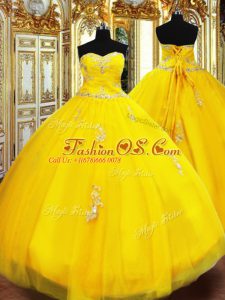 Elegant Floor Length Gold Sweet 16 Dresses Tulle Sleeveless Beading and Appliques