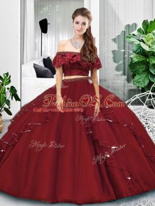 Shining Sleeveless Tulle Floor Length Lace Up Sweet 16 Quinceanera Dress in Burgundy with Lace and Ruffles