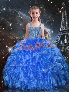 Fantastic Blue Sleeveless Floor Length Beading and Ruffles Lace Up Pageant Dress for Teens