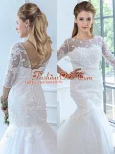 Admirable White Mermaid Tulle Scoop Half Sleeves Lace Lace Up Bridal Gown Brush Train