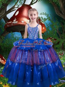 Custom Design Floor Length Blue Child Pageant Dress Organza Sleeveless Beading and Ruffled Layers