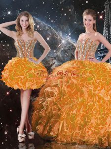 Sexy Orange Ball Gowns Organza Sweetheart Sleeveless Beading and Ruffles Floor Length Lace Up 15 Quinceanera Dress