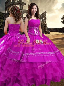 Fuchsia Ball Gowns Strapless Sleeveless Taffeta Floor Length Zipper Embroidery and Ruffled Layers Quinceanera Dresses