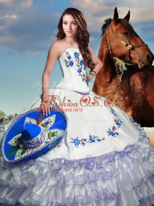 White Lace Up Strapless Embroidery and Ruffled Layers Sweet 16 Dresses Taffeta Long Sleeves