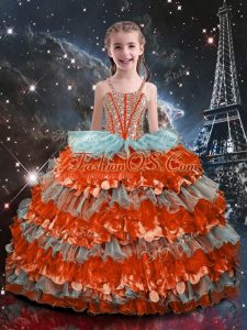 High Quality Floor Length Multi-color Girls Pageant Dresses Organza Sleeveless Beading and Ruffled Layers