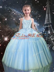 Unique Light Blue Sleeveless Tulle Lace Up Child Pageant Dress for Quinceanera and Wedding Party