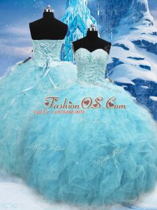 Fantastic Aqua Blue Ball Gowns Sweetheart Sleeveless Tulle Floor Length Lace Up Beading and Pick Ups Quince Ball Gowns